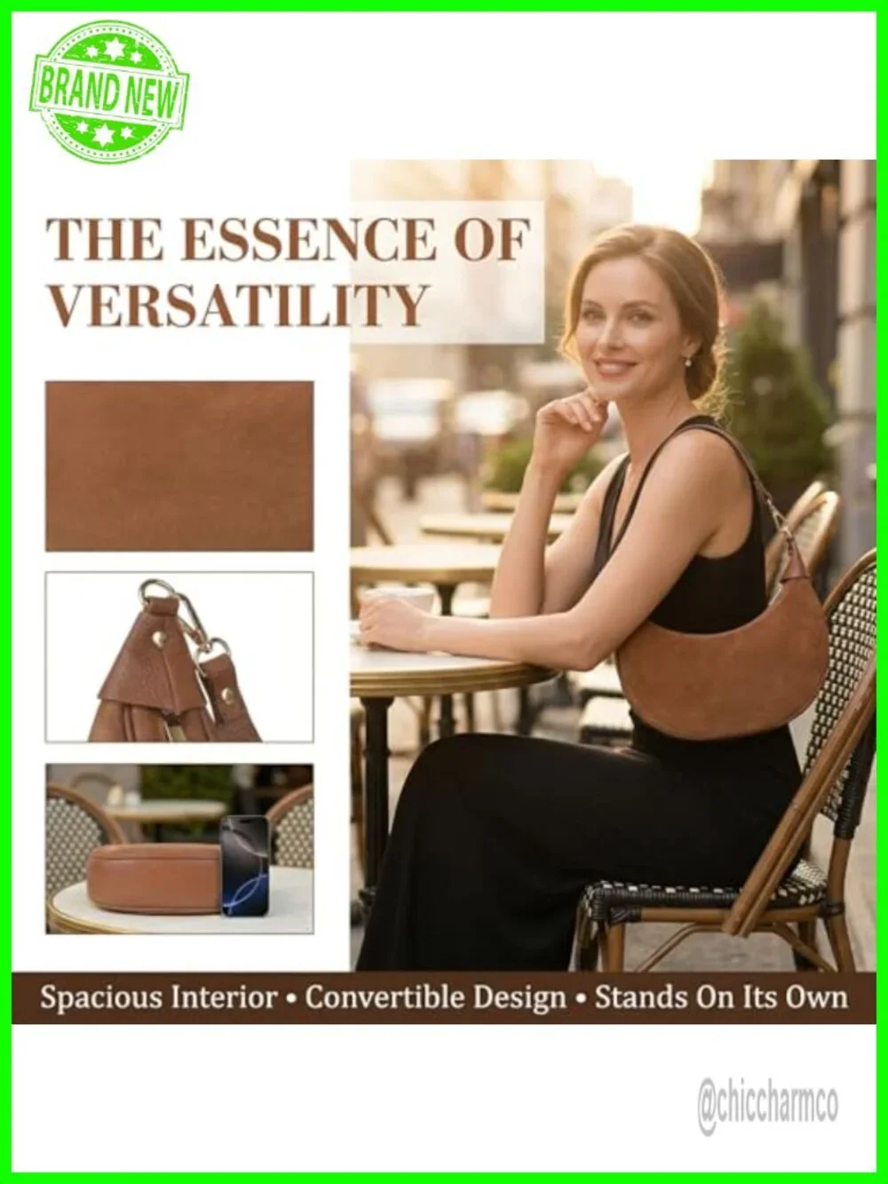 Genuine Leather Crescent Hobo Bag with 2 Straps Convertible Crossbody Purse